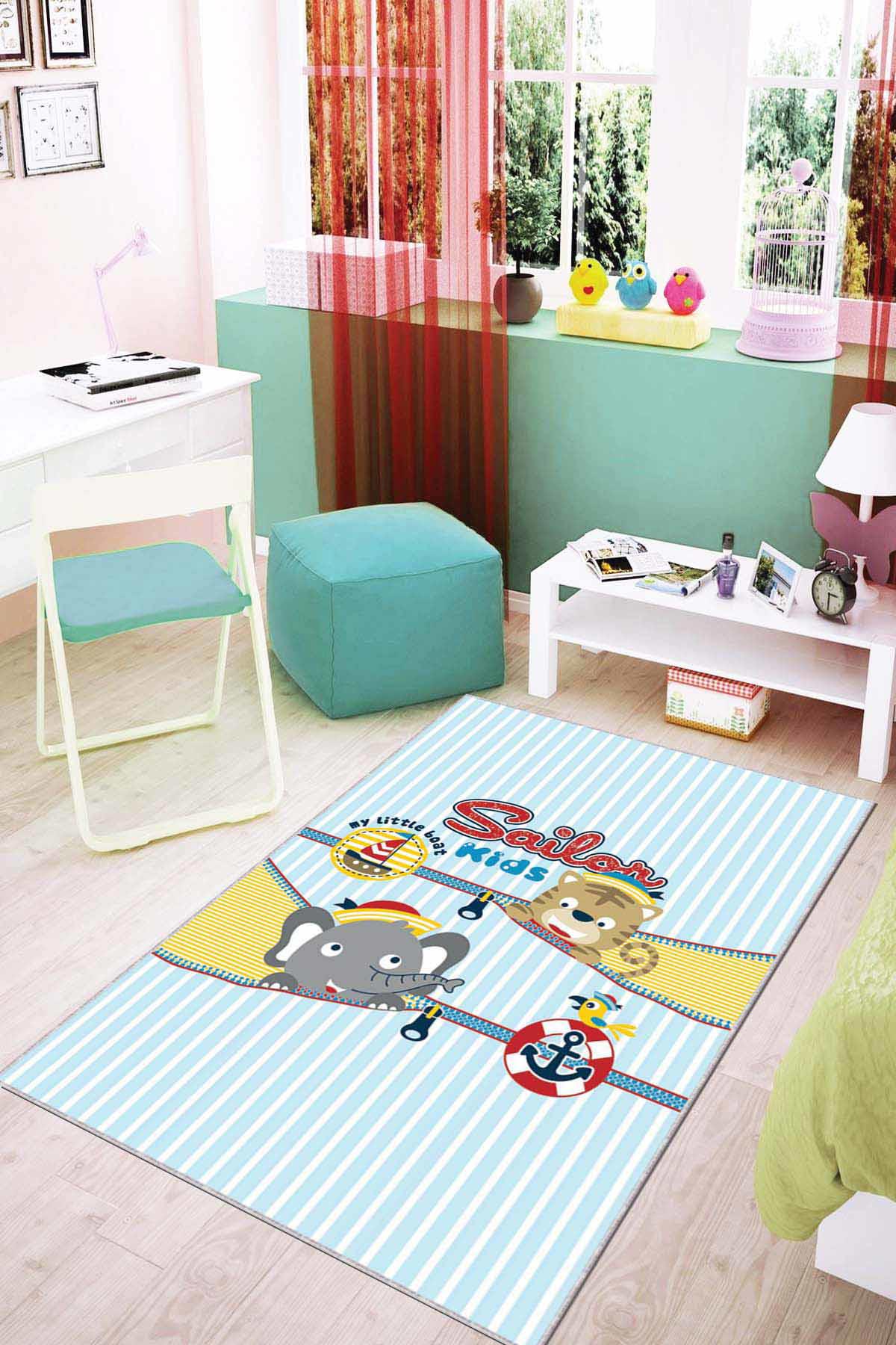 Viva Home AR026 Mavi 7 mm Mikropolyester Leke tutmaz Yıkanabilir İnce Kaymaz Dot Taban Dikdörtgen Makine Dokuma Çocuk Odası Halısı 80x500 cm