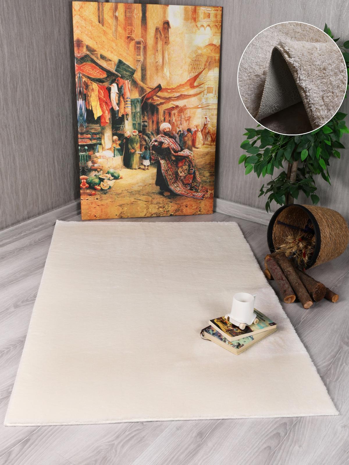 My Evilla Krem 10 mm Polyester Leke Tutmaz Yıkanabilir Kalın Kaymaz Jel Taban Oval Makine Dokuma Yatak Odası Halısı 80x150 cm