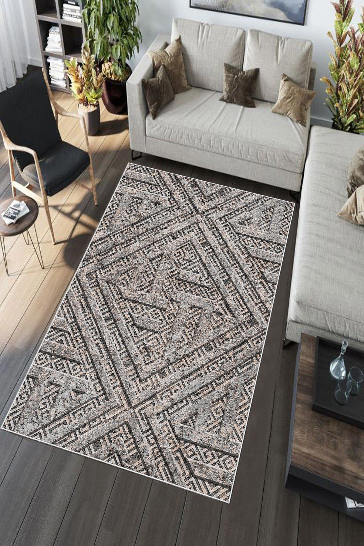 Aldora A223 Bej-Siyah 9 mm Deri Antibakteriyel Yıkanabilir İnce Kaymaz Lateks Taban Dikdörtgen Makine Dokuma Salon Halısı 100x200 cm