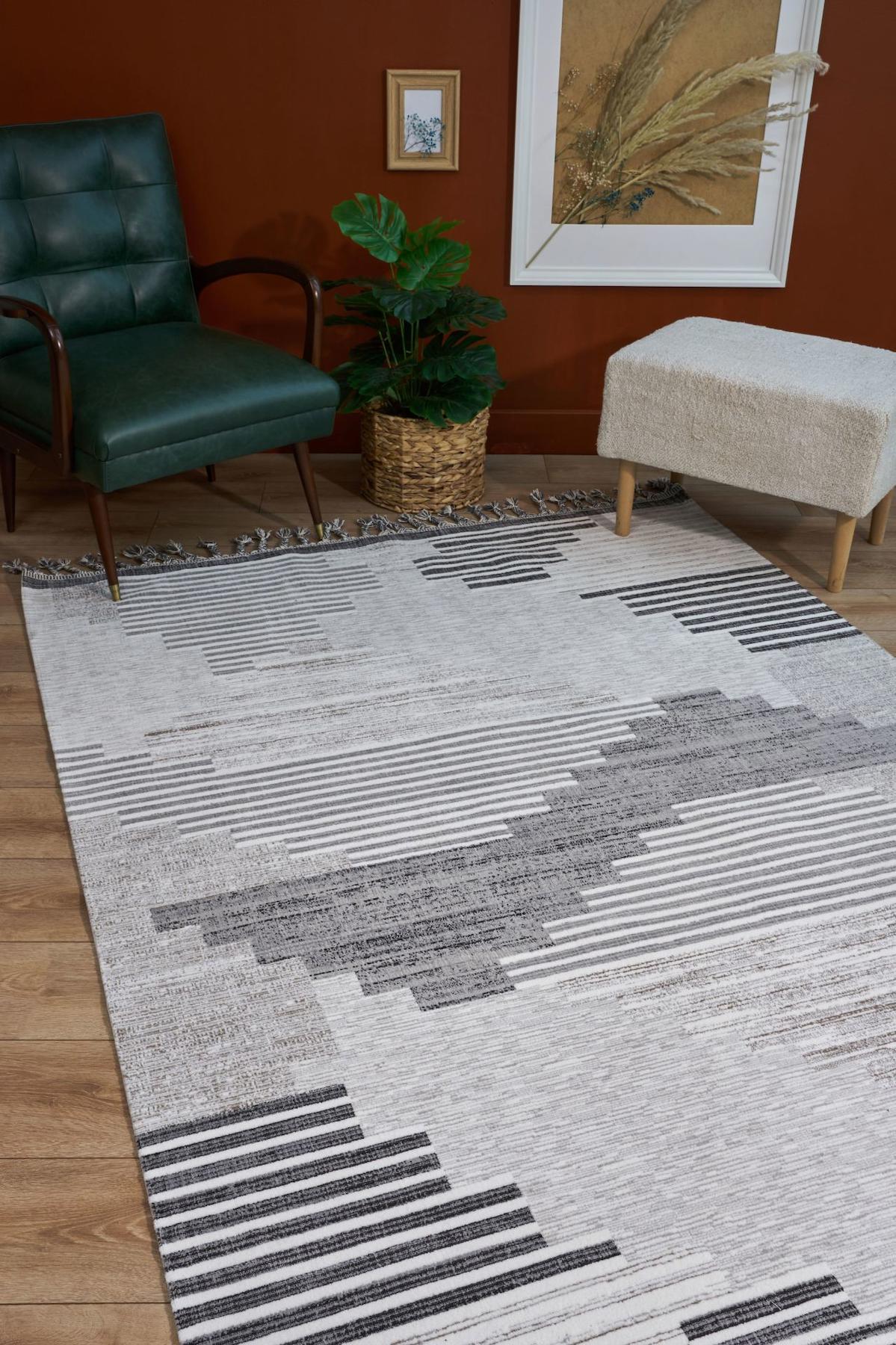 Apex Marakeş 1614 Krem Pamuk Yıkanabilir İnce Kaymaz Jüt Taban Dikdörtgen Makine Dokuma Salon Halısı 60x100 cm