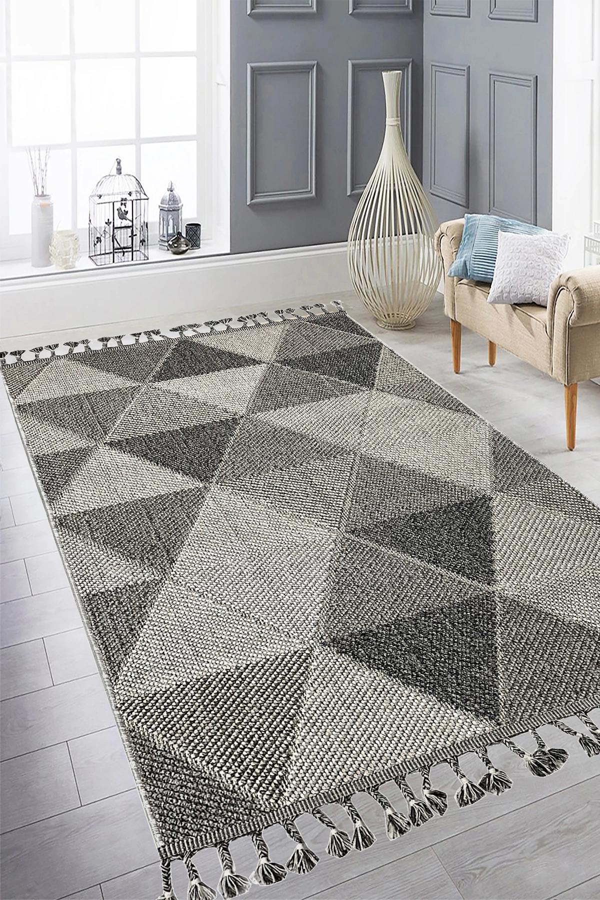 Şehrazat Home 8888 Gri-Krem 6 mm Pamuk Antibakteriyel Yıkanabilir Kalın Kaymaz Pamuk Taban Dikdörtgen Makine Dokuma Salon Halısı 160x230 cm