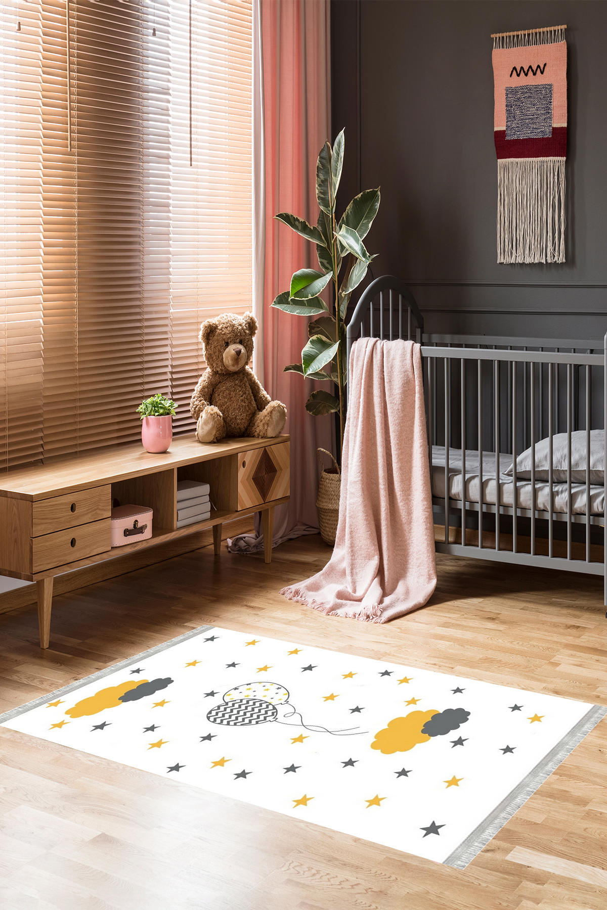 Homier Collection H-CK-10111A Krem 9 mm Pamuk Antibakteriyel Yıkanabilir Orta Kaymaz Dikdörtgen Makine Dokuma Çocuk Odası Halısı 100x160 cm