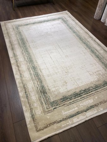 İlhanın Halıları Krem - Yeşil 15 mm Akrilik Antialerjenik İnce Kaymaz Dikdörtgen Makine Dokuma Salon Halısı 120x200 cm