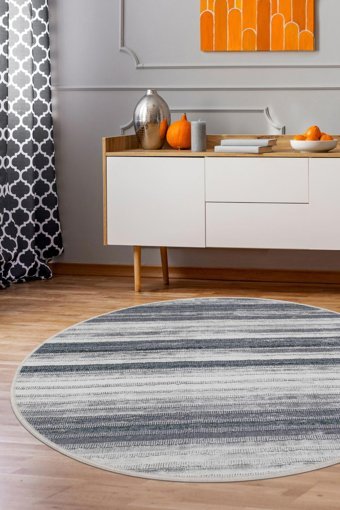 Dijidekor 9026 Gri 6 mm Polyester Yıkanabilir Orta Kaymaz Dot Taban Yuvarlak Makine Dokuma Oturma Odası Halısı 160x235 cm