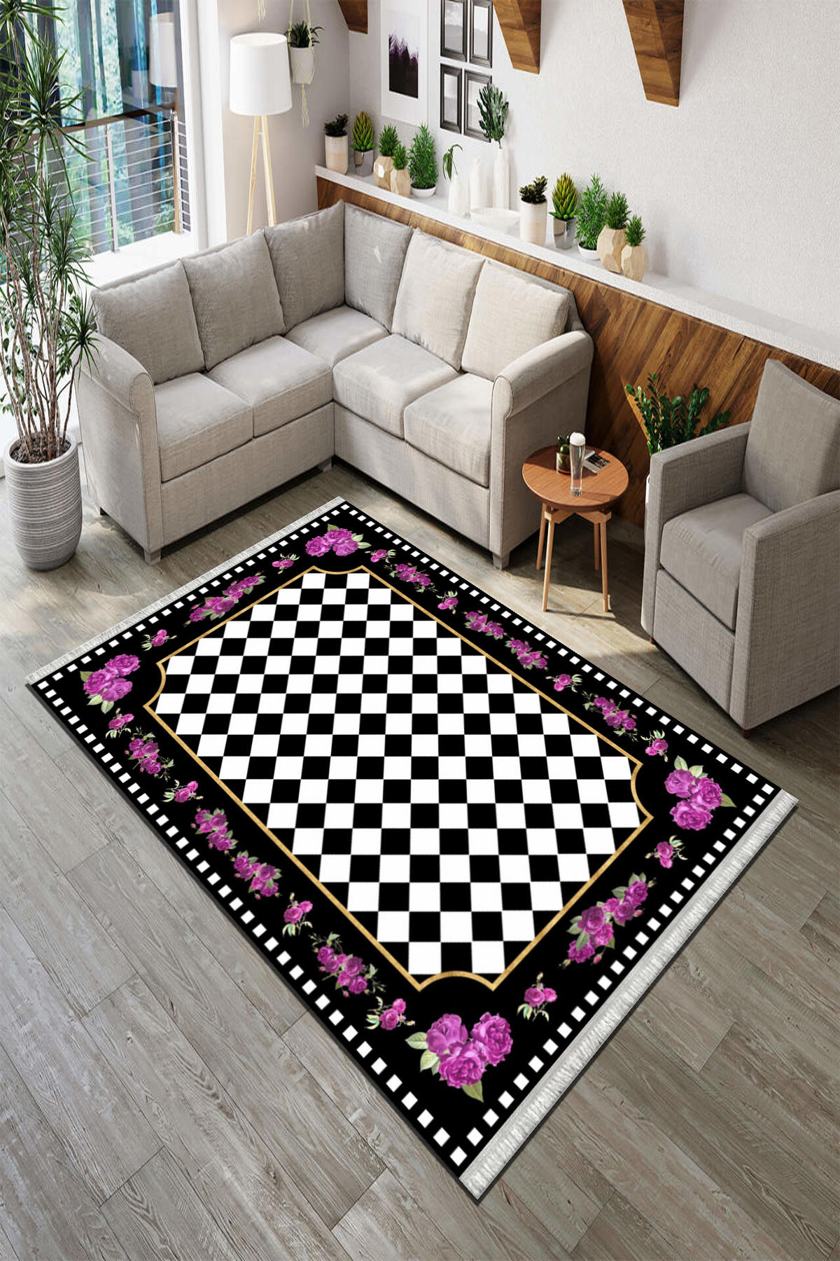 Roslyn Home Mor 6 mm Polyester Toz Tutmaz Yıkanabilir İnce Kaymaz Dot Taban Çiçek Desenli Dikdörtgen Makine Dokuma Salon Halısı 100x150 cm