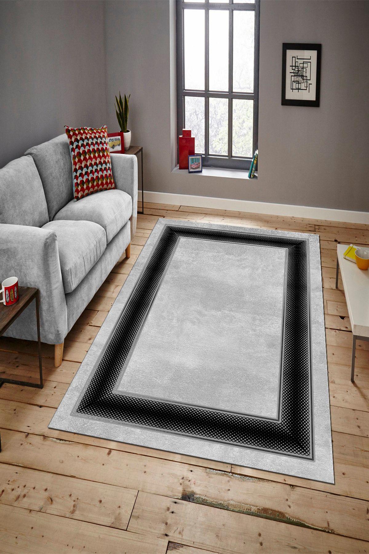 Aldora B1301 Gri-Siyah 9 mm Deri Toz Tutmaz Yıkanabilir İnce Kaymaz Deri Taban Dikdörtgen Makine Dokuma Salon Halısı 70x150 cm