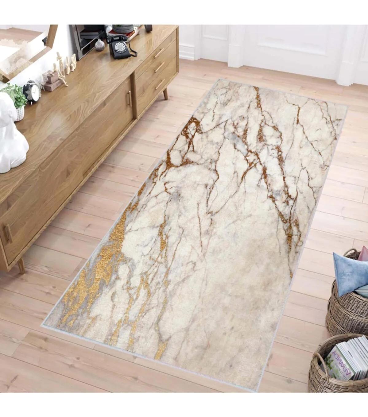 Rovigo Home RVG1415 Krem 8 mm Polyester Leke Tutmaz-Toz Tutmaz Yıkanabilir İnce Kaymaz Dot Taban Dikdörtgen Makine Dokuma Salon Halısı 80x180 cm