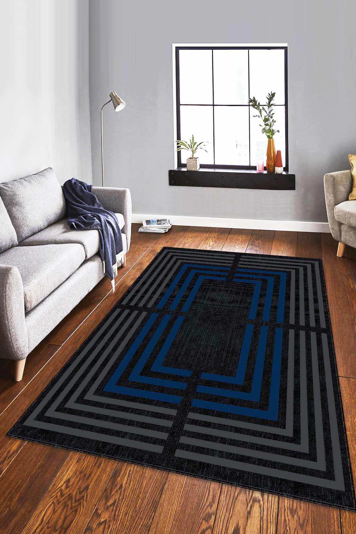 Viva Home RV094 Lacivert 7 mm Mikropolyester Leke tutmaz Yıkanabilir İnce Kaymaz Dikdörtgen Makine Dokuma Salon Halısı 140x200 cm