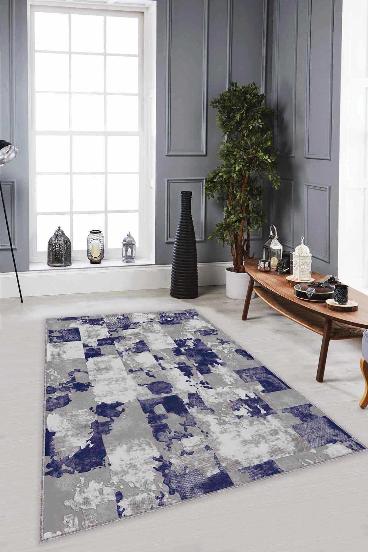 Viva Home SU08 Lacivert 7 mm Mikropolyester Antibakteriyel Yıkanabilir İnce Kaymaz Dot Taban Dikdörtgen Makine Dokuma Salon Halısı 80x150 cm