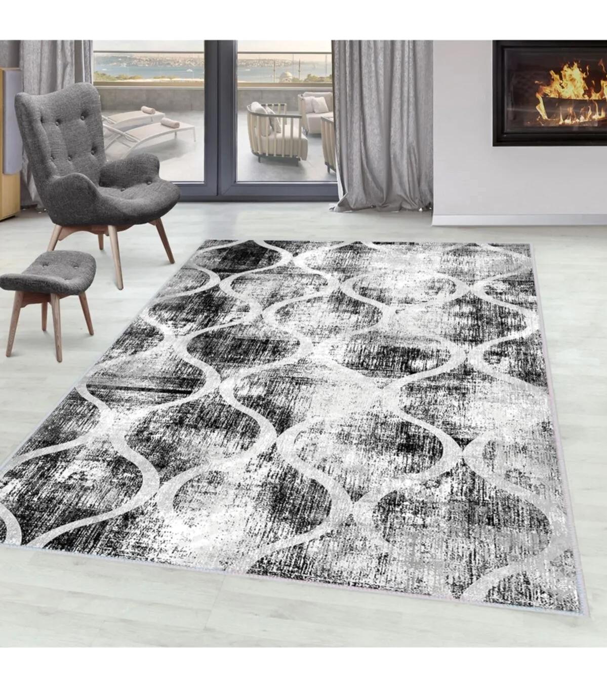 Rovigo Home RVG1606 Gri 8 mm Polyester Antibakteriyel-Leke Tutmaz-Toz Tutmaz Yıkanabilir İnce Kaymaz Dot Taban Dikdörtgen Makine Dokuma Salon Halısı 160x230 cm