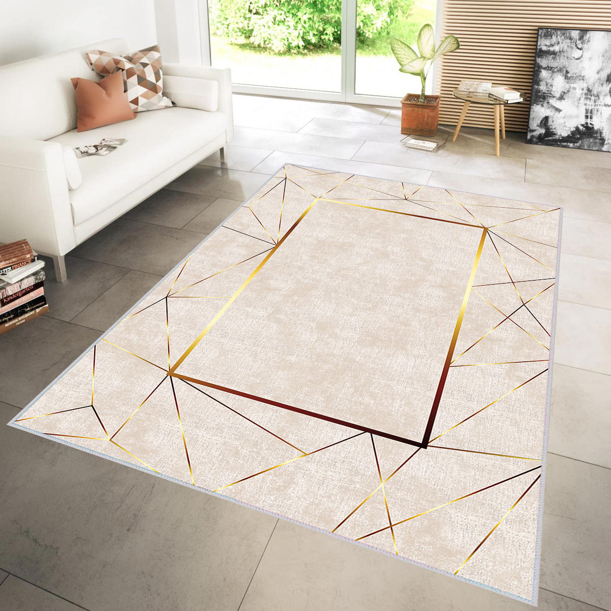 Rovigo Home RVG1294 Krem 8 mm Polyester Leke Tutmaz-Toz Tutmaz Yıkanabilir İnce Kaymaz Dot Taban Dikdörtgen Makine Dokuma Salon Halısı 120x180 cm