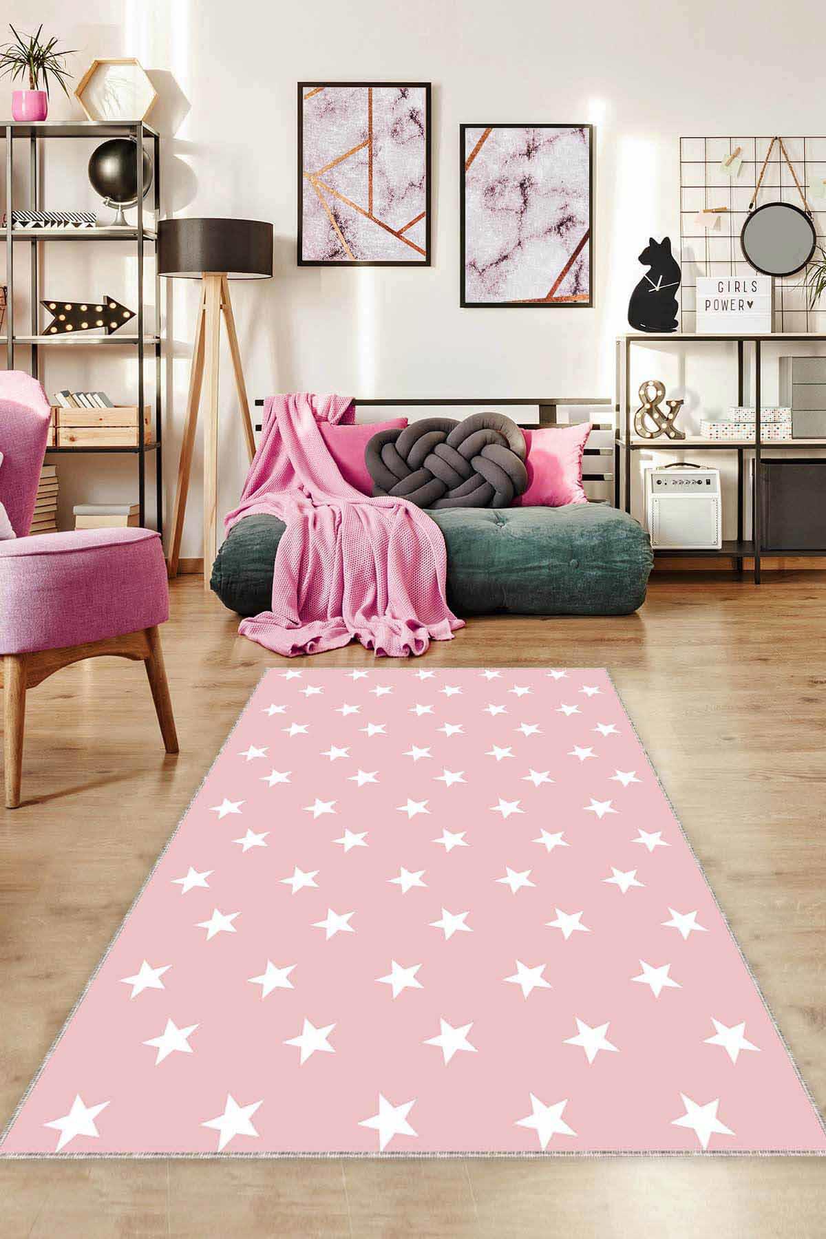 Viva Home YLD02 Pembe 7 mm Mikropolyester Leke Tutmaz Yıkanabilir İnce Kaymaz Dot Taban Dikdörtgen Makine Dokuma Salon Halısı 160x230 cm
