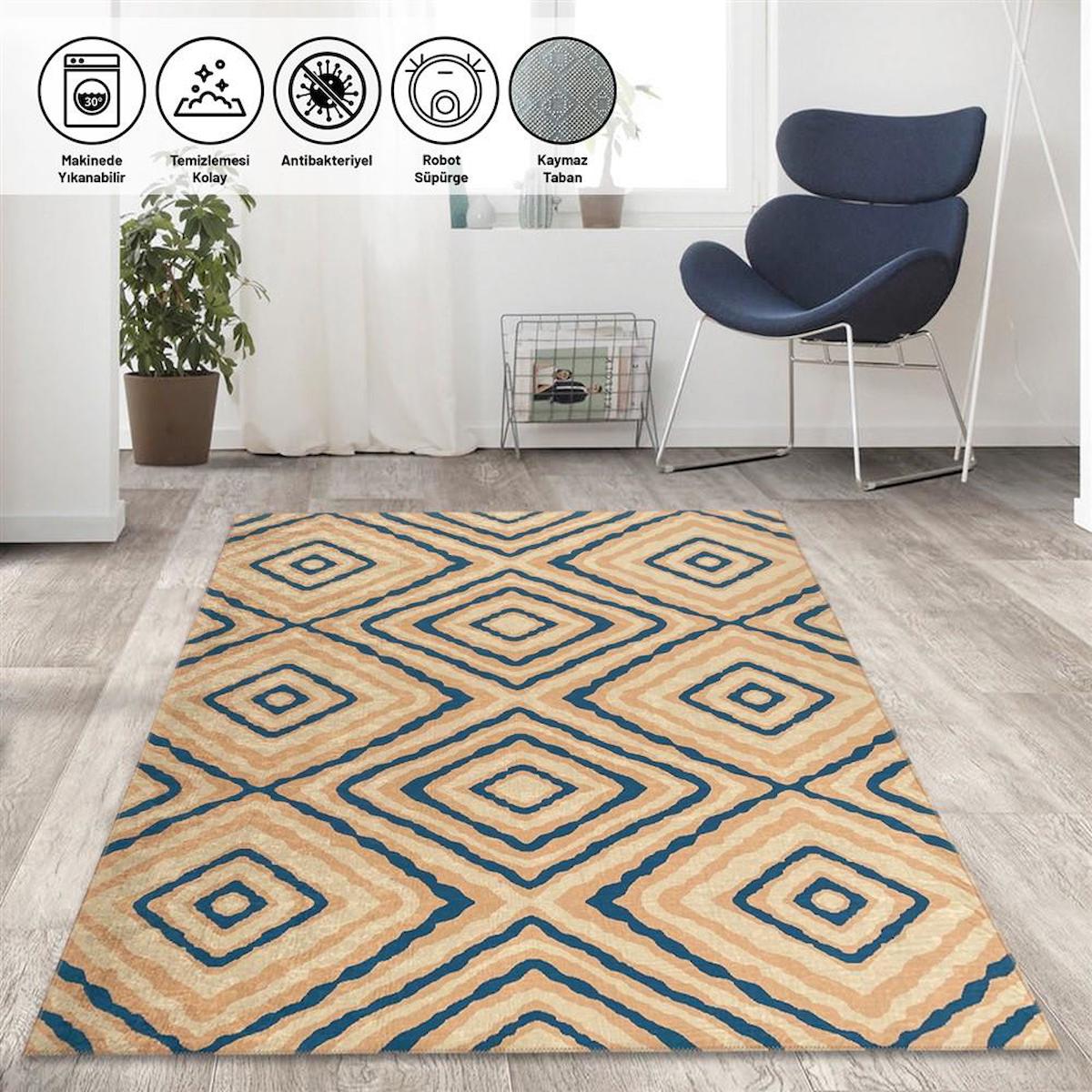 Carpettex Krem 6 mm Polyester Yıkanabilir İnce Kaymaz Taban Dikdörtgen Makine Dokuma Oturma Odası-Salon Halısı 80x500 cm