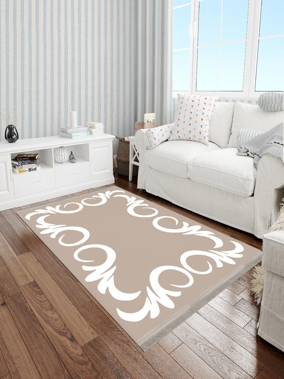 Enbe Collection E-MD0049K Beyaz Kahverengi 5 mm Pamuk Antibakteriyel Yıkanabilir Orta Kaymaz Dot Taban Dikdörtgen Makine Dokuma Oturma Odası Halısı 80x150 cm
