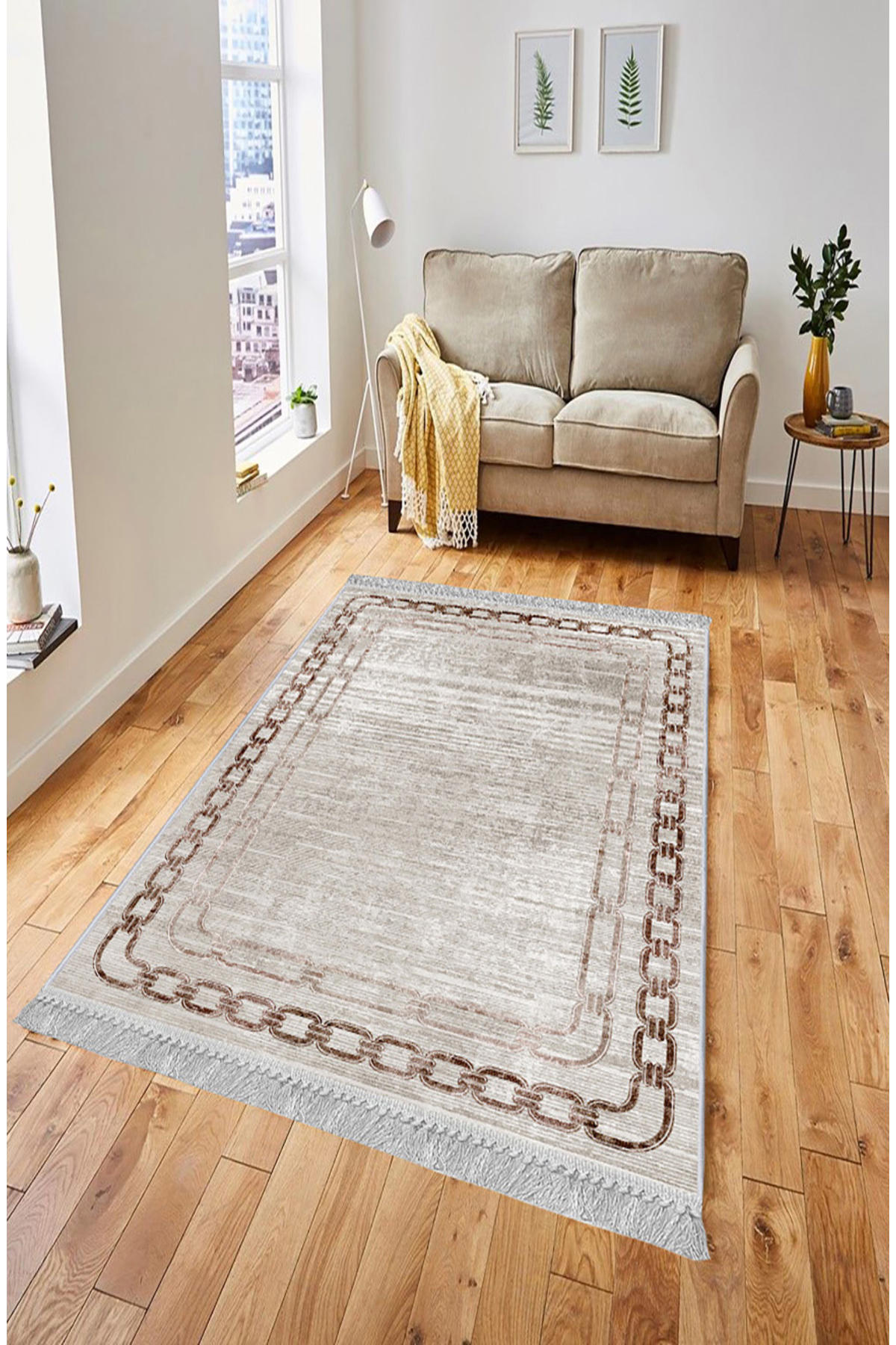 Artizon ART003 Bej 0.8 mm Polyester Toz Tutmaz Yıkanabilir İnce Kaymaz Dot Taban Dikdörtgen Makine Dokuma Salon Halısı 210x310 cm