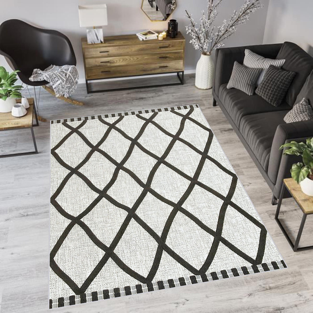 Rovigo Home RVG0767 Bej-Siyah 8 mm Polyester Antibakteriyel-Leke Tutmaz-Toz Tutmaz Yıkanabilir İnce Kaymaz Dot Taban Dikdörtgen Makine Dokuma Salon Halısı 100x150 cm