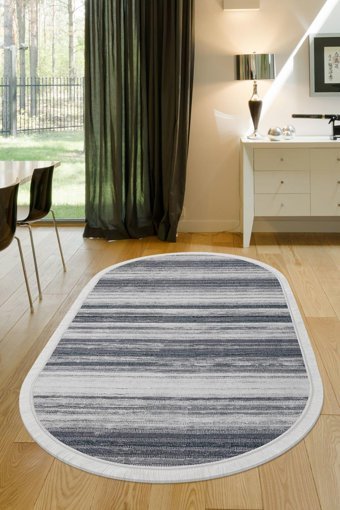 Dijidekor 9026 Gri 7 mm Polyester Yıkanabilir Orta Kaymaz Dot Taban Oval Makine Dokuma Salon Halısı 80x120 cm