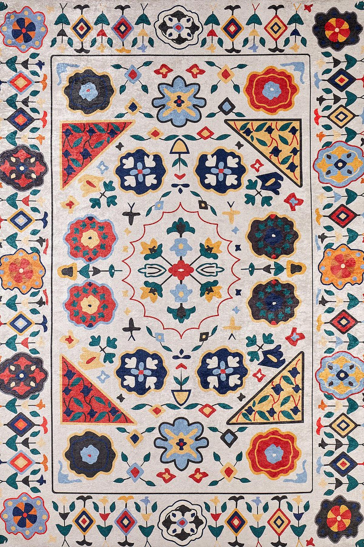 Halı Atölyesi HK001 Çok Renkli 5 mm Pamuk Yıkanabilir Kaymaz Taban Dikdörtgen Makine Dokuma Salon Halısı 100x200 cm