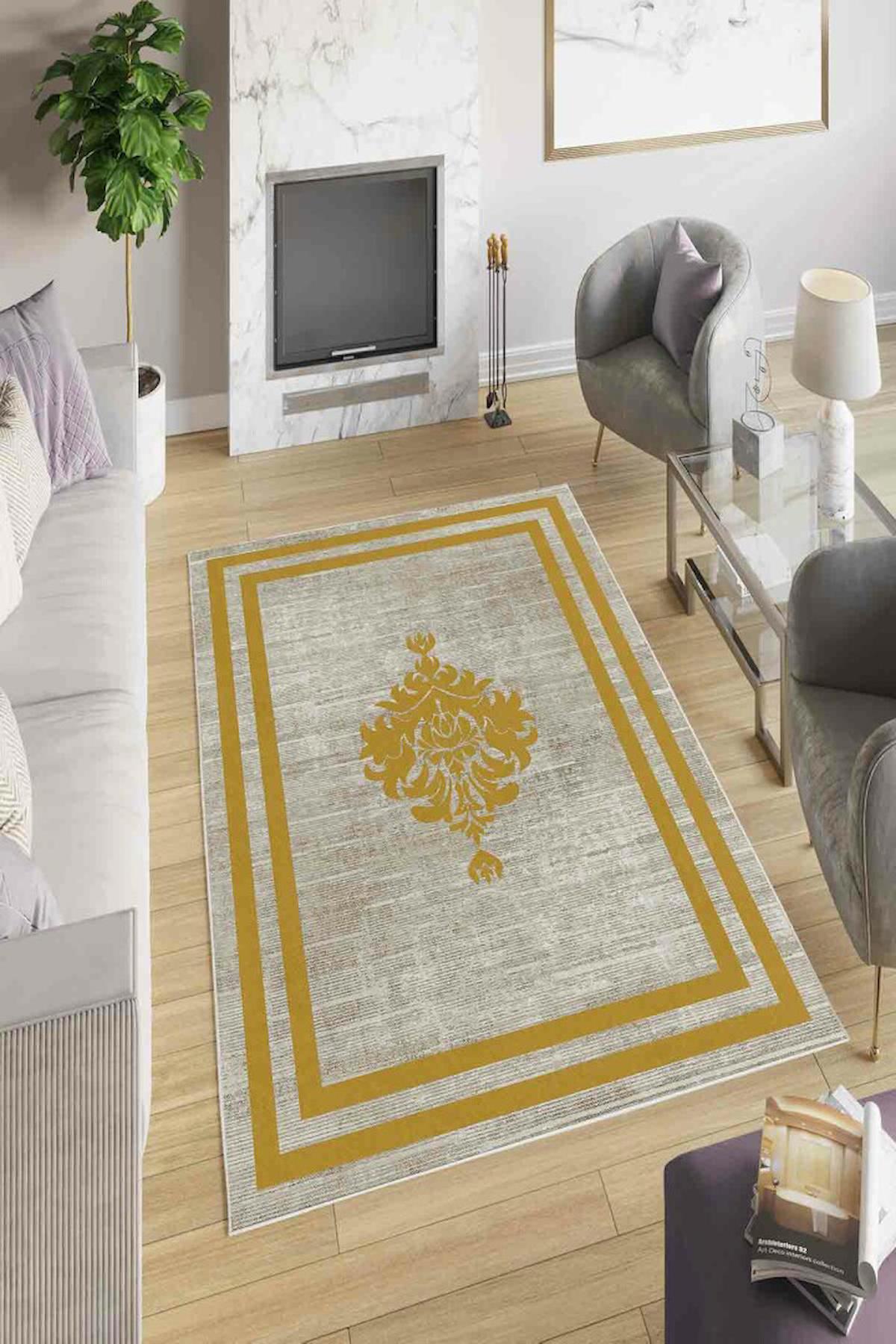 Homefesto Krem 5 mm Polyester Leke Tutmaz Yıkanabilir İnce Kaymaz Taban Dikdörtgen Makine Dokuma Salon Halısı 100x300 cm