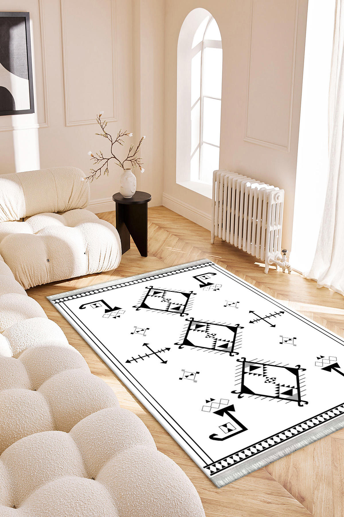 Roslyn Home Krem 6 mm Polyester Toz Tutmaz Yıkanabilir İnce Kaymaz Dot Taban Geometrik Kare Makine Dokuma Salon Halısı 160x230 cm