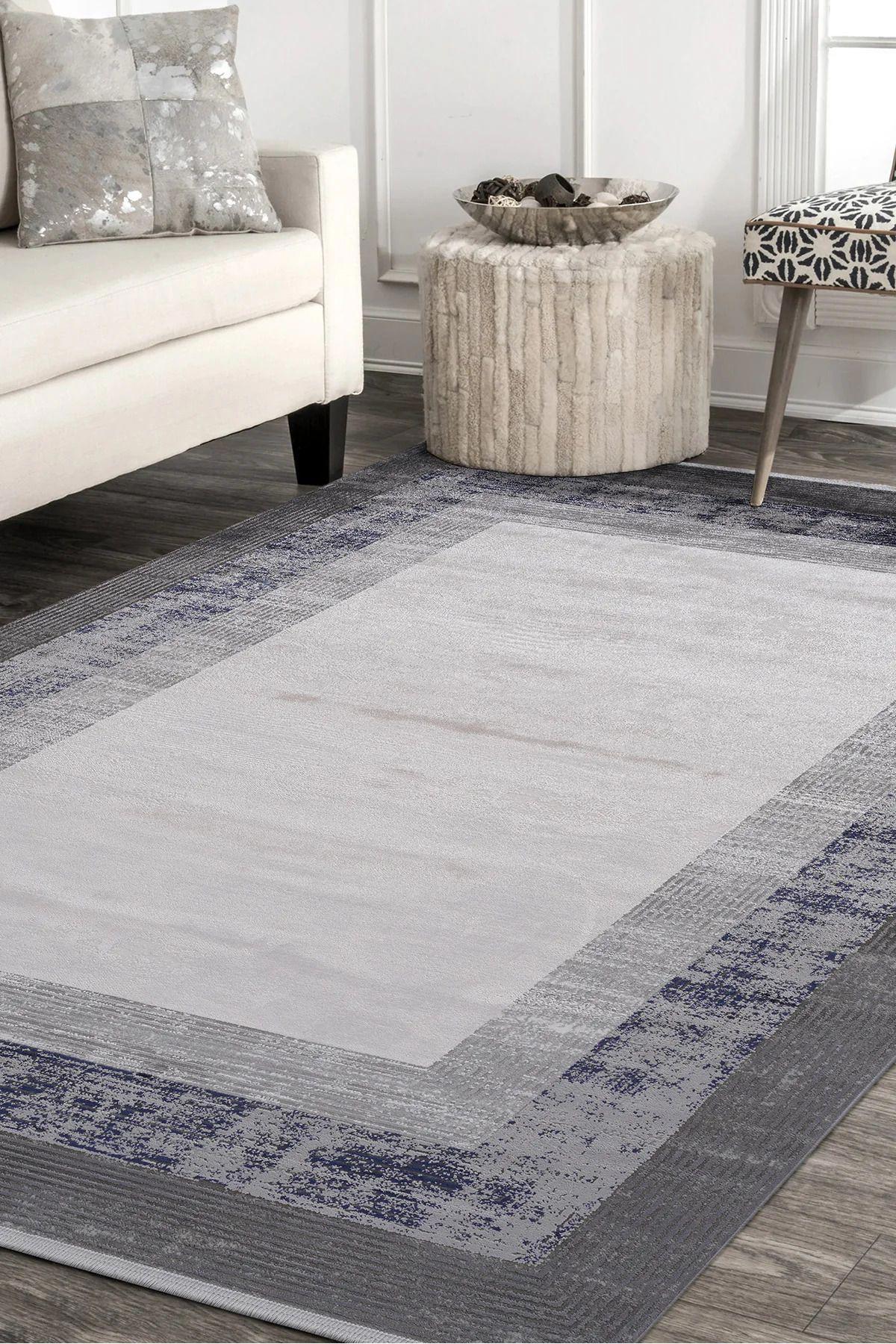 Royal Halı Beyrut Gri-Krem 7 mm Viskon Toz Tutmaz Yıkanabilir Kalın Kaymaz Lateks Taban Dikdörtgen Makine Dokuma Salon Halısı 160x230 cm
