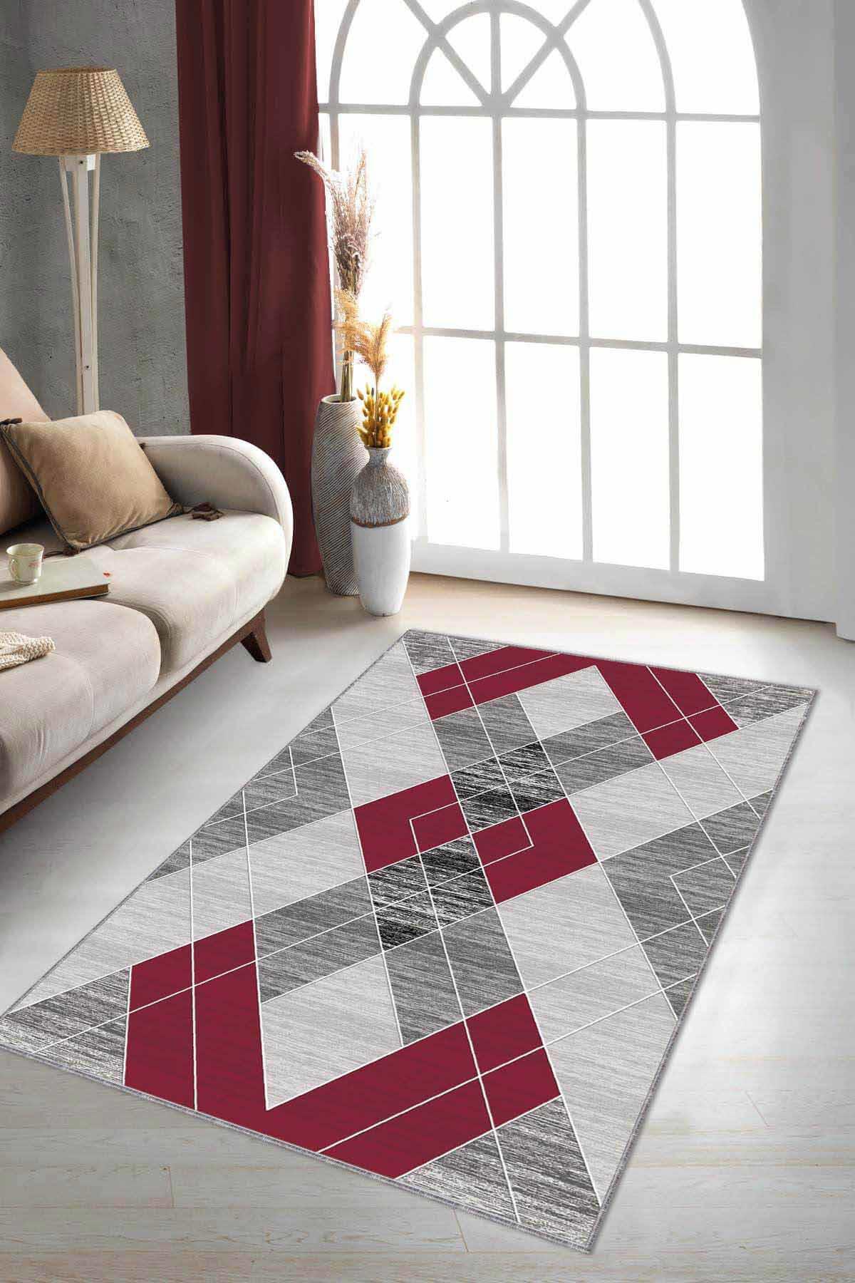 Viva Home DD06 Kırmızı 7 mm Mikropolyester Antibakteriyel Yıkanabilir İnce Kaymaz Taban Dikdörtgen Makine Dokuma Halı 240x340 cm
