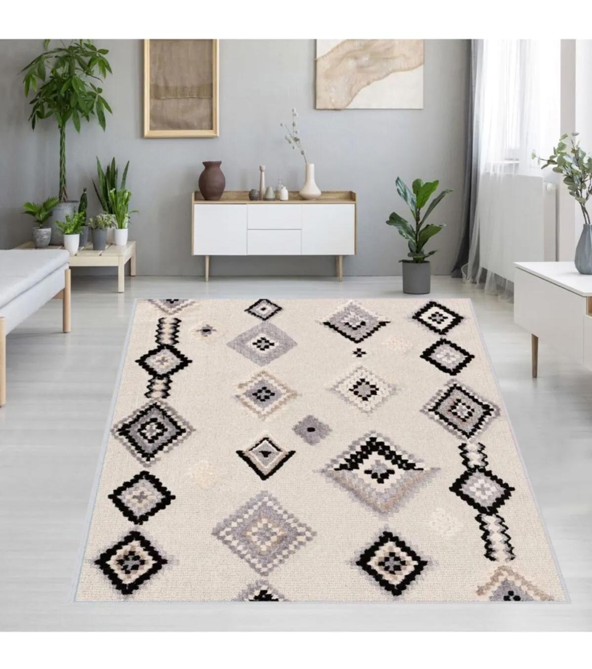 Rovigo Home RVG1202 Krem 8 mm Polyester Leke Tutmaz-Toz Tutmaz Yıkanabilir İnce Kaymaz Dot Taban Dikdörtgen Makine Dokuma Salon Halısı 100x200 cm