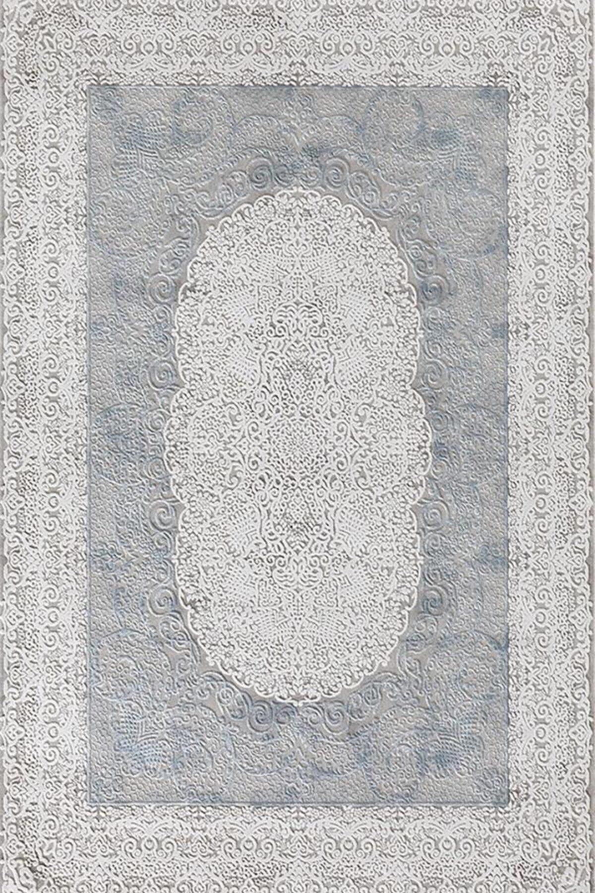 Merinos Vitally 17895 Krem - Mavi 11 mm Akrilik Antialerjenik Yıkanabilir İnce Kaymaz Jüt Taban Dikdörtgen Makine Dokuma Salon Halısı 120x200 cm