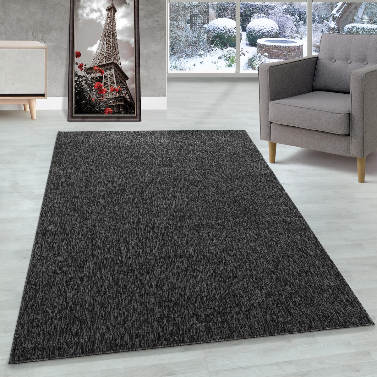 Wide Shop Antrasit 4 mm Polipropilen Antialerjenik Yıkanabilir İnce Dikdörtgen Makine Dokuma Salon Halısı 133x190 cm