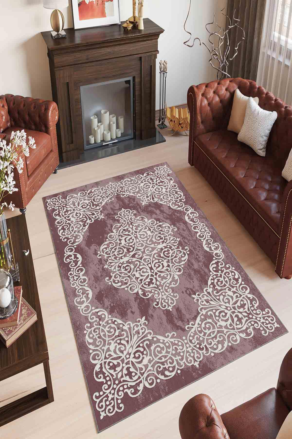 Homefesto Krem 5 mm Polyester Leke Tutmaz Yıkanabilir İnce Kaymaz Taban Dikdörtgen Makine Dokuma Salon Halısı 140x200 cm
