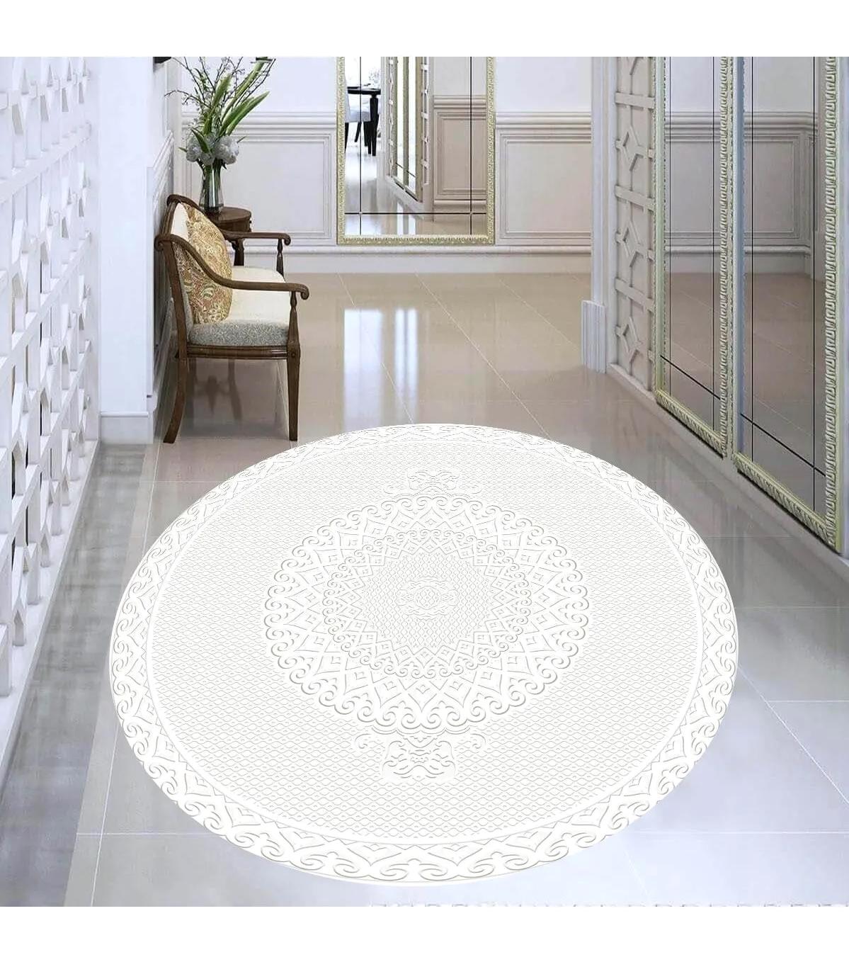 Rovigo Home RVG7334-HS564 Krem 8 mm Polyester Antibakteriyel-Leke Tutmaz-Toz Tutmaz Yıkanabilir İnce Kaymaz Dot Taban Yuvarlak Makine Dokuma Salon Halısı 150x230 cm