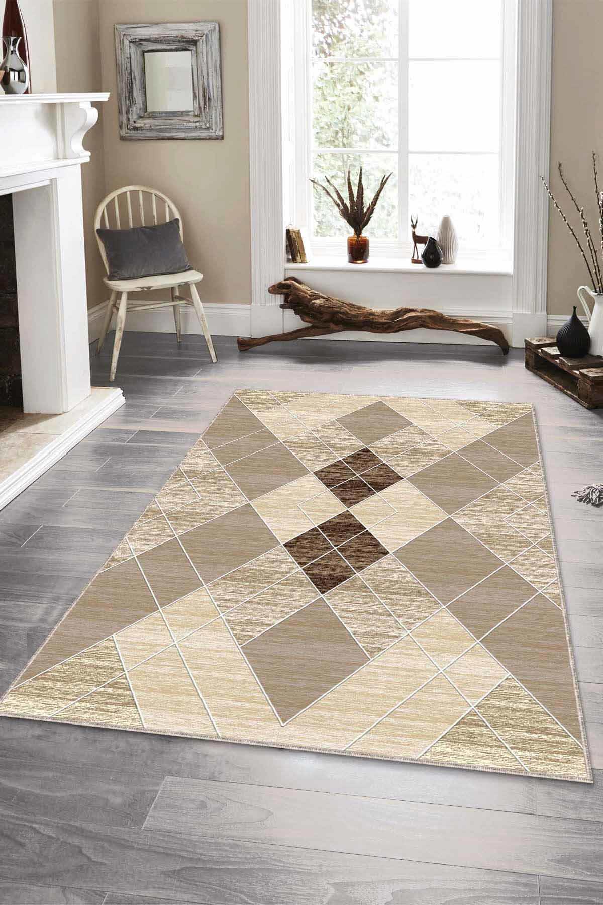 Viva Home DD008 Bej 7 mm Mikropolyester Yıkanabilir İnce Kaymaz Jüt Taban Dikdörtgen Makine Dokuma Salon Halısı 100x200 cm