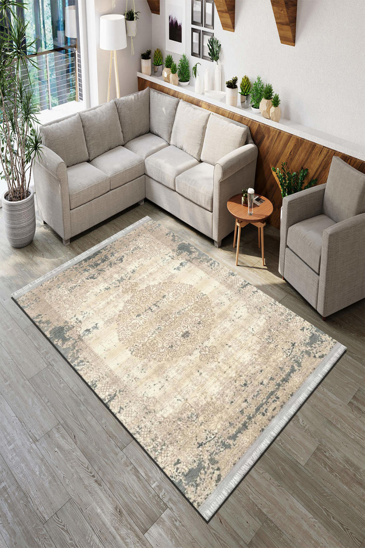 Roslyn Home Bej 6 mm Polyester Toz Tutmaz Yıkanabilir İnce Kaymaz Dot Taban Dikdörtgen Makine Dokuma Salon Halısı 80x200 cm
