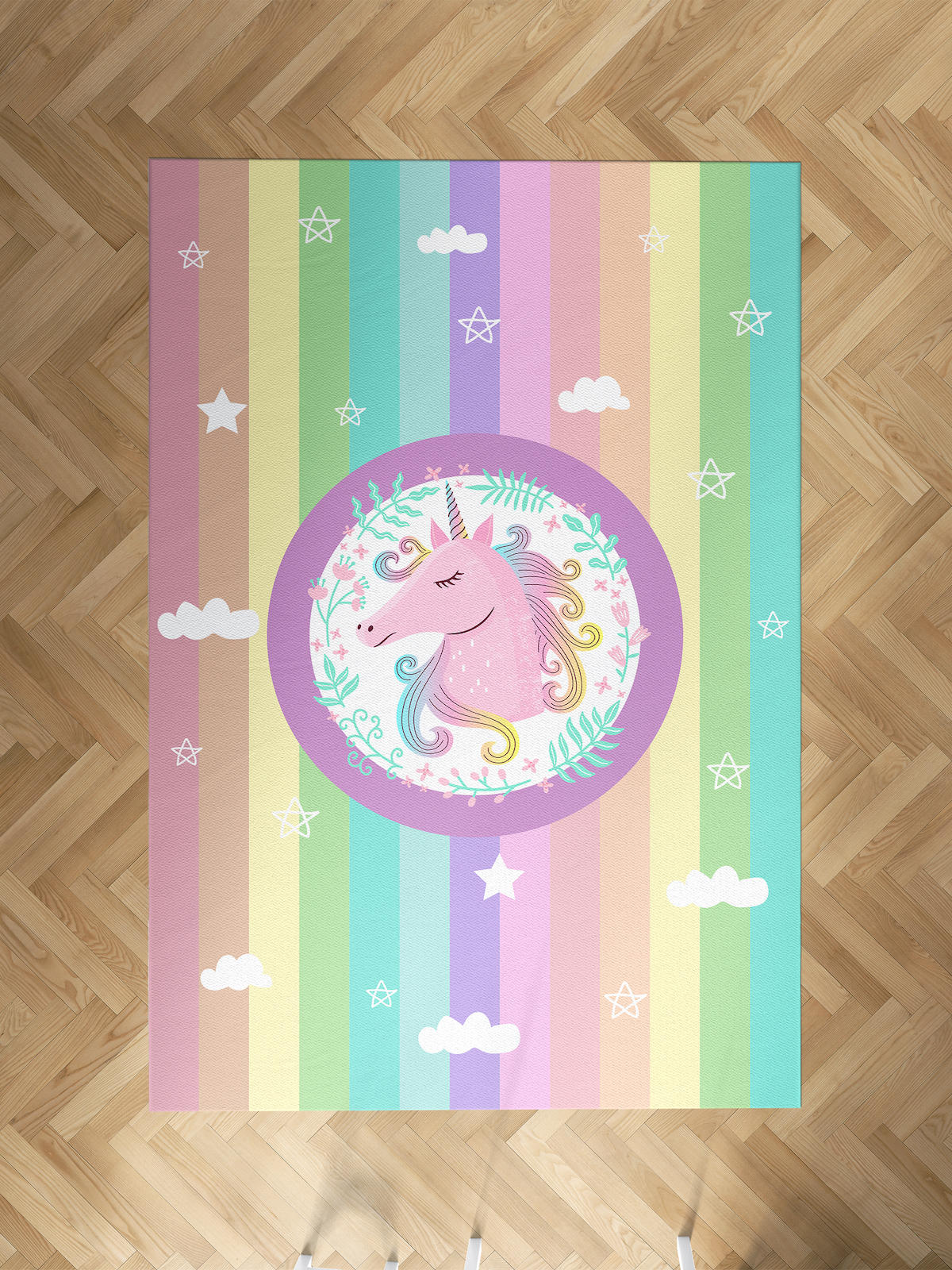 Mekta Home Unicorn Krem 10 mm Antibakteriyel Yıkanabilir İnce Kaymaz Dot Taban Dikdörtgen Makine Dokuma Çocuk Odası Halısı 100x200 cm