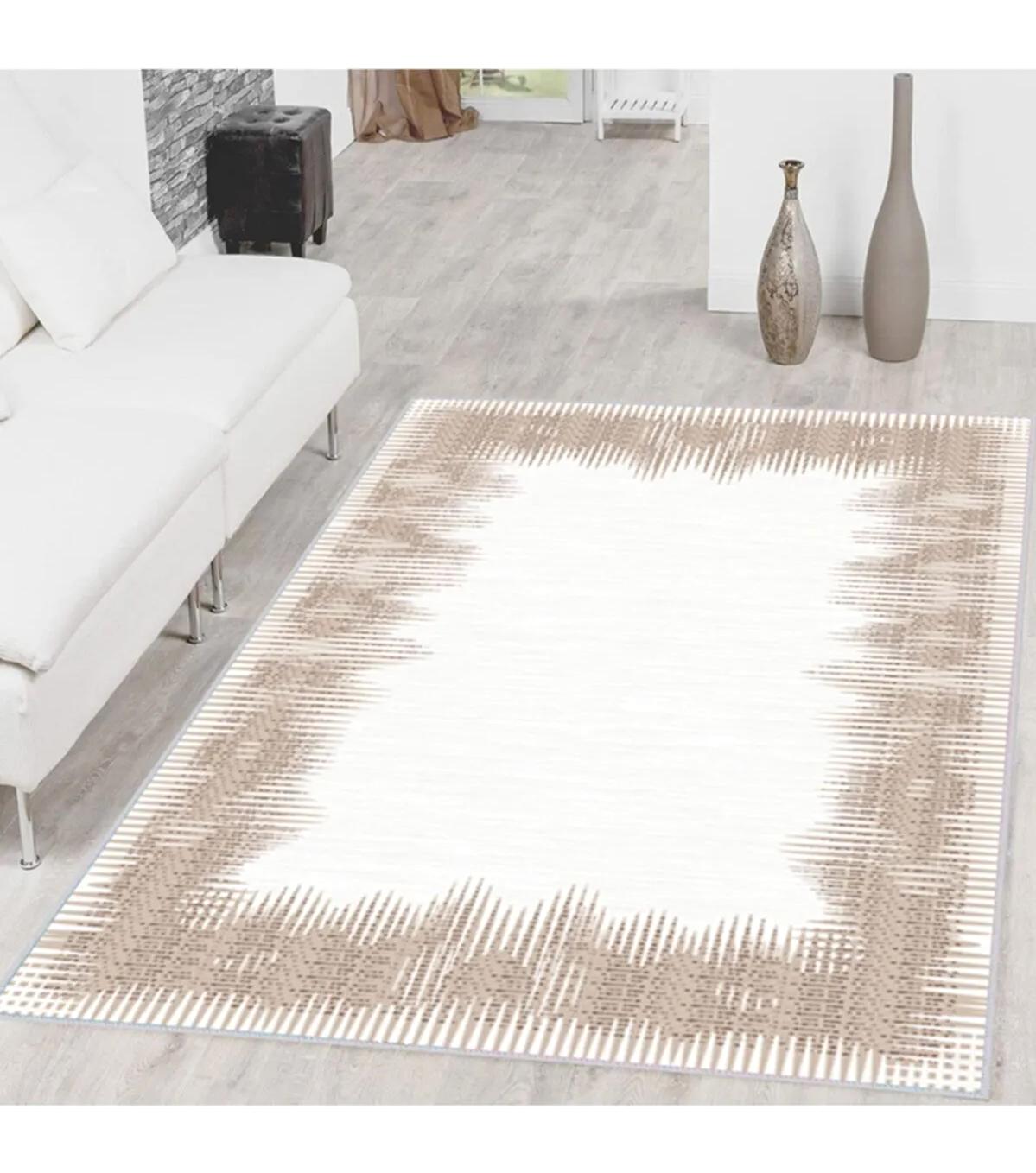 Rovigo Home RVG1522-HY1183 Krem 8 mm Polyester Antibakteriyel-Leke Tutmaz-Toz Tutmaz Yıkanabilir İnce Kaymaz Dot Taban Dikdörtgen Makine Dokuma Salon Halısı 100x200 cm