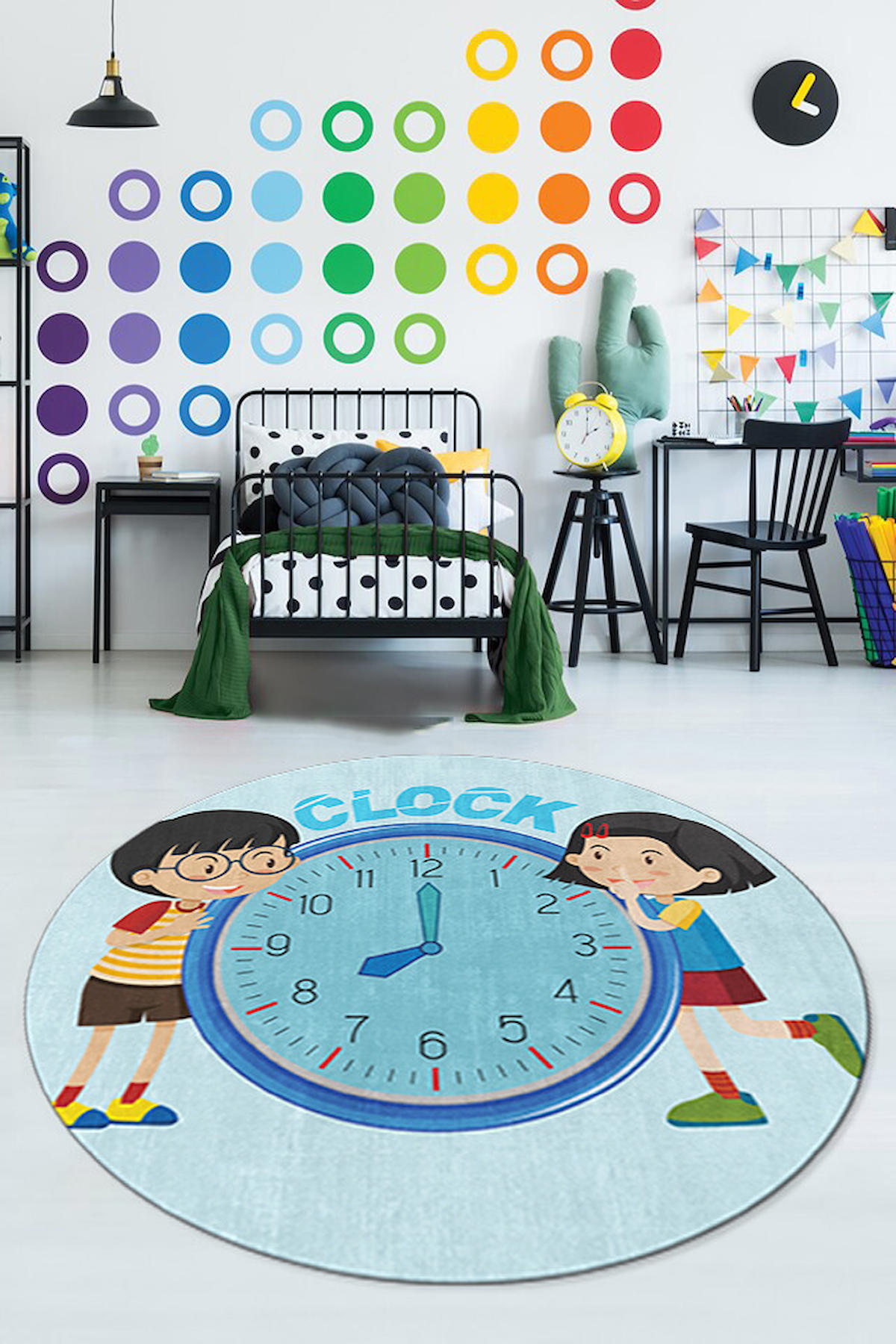 Homefesto Krem 5 mm Polyester Leke Tutmaz Yıkanabilir İnce Kaymaz Taban Eğitici Yuvarlak Makine Dokuma Çocuk Odası Halısı 160x230 cm
