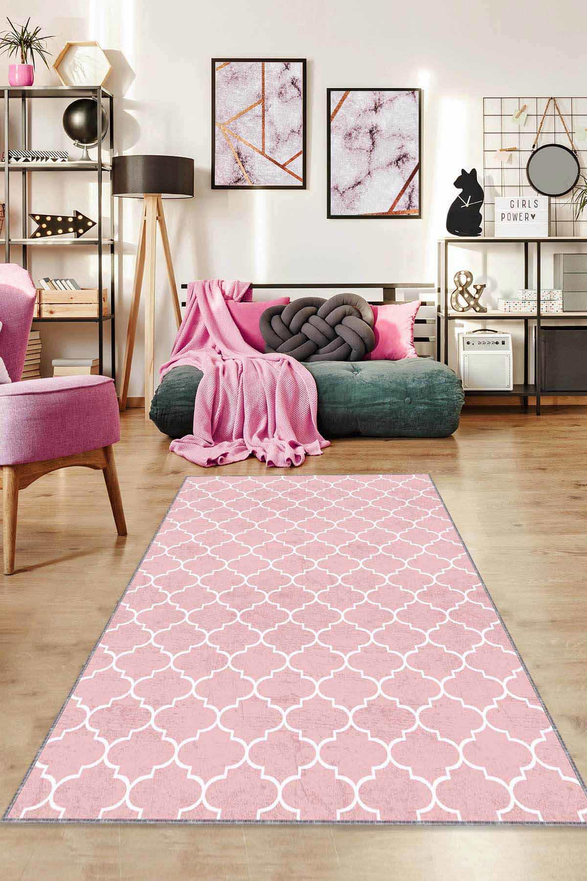 Viva Home RV154 Pembe 7 mm Mikropolyester Antibakteriyel Yıkanabilir İnce Kaymaz Dot Taban Dikdörtgen Makine Dokuma Salon Halısı 120x200 cm