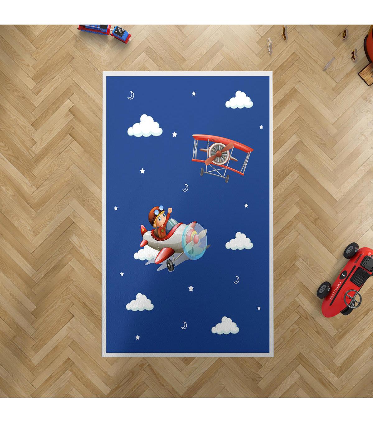 Chiron Baby Ceritti CRTT066 Çok Renkli 5 mm Pamuk-Polyester Antialerjenik Yıkanabilir İnce Kaymaz Taban Figürlü Dikdörtgen Makine Dokuma Çocuk Odası Halısı 140x200 cm