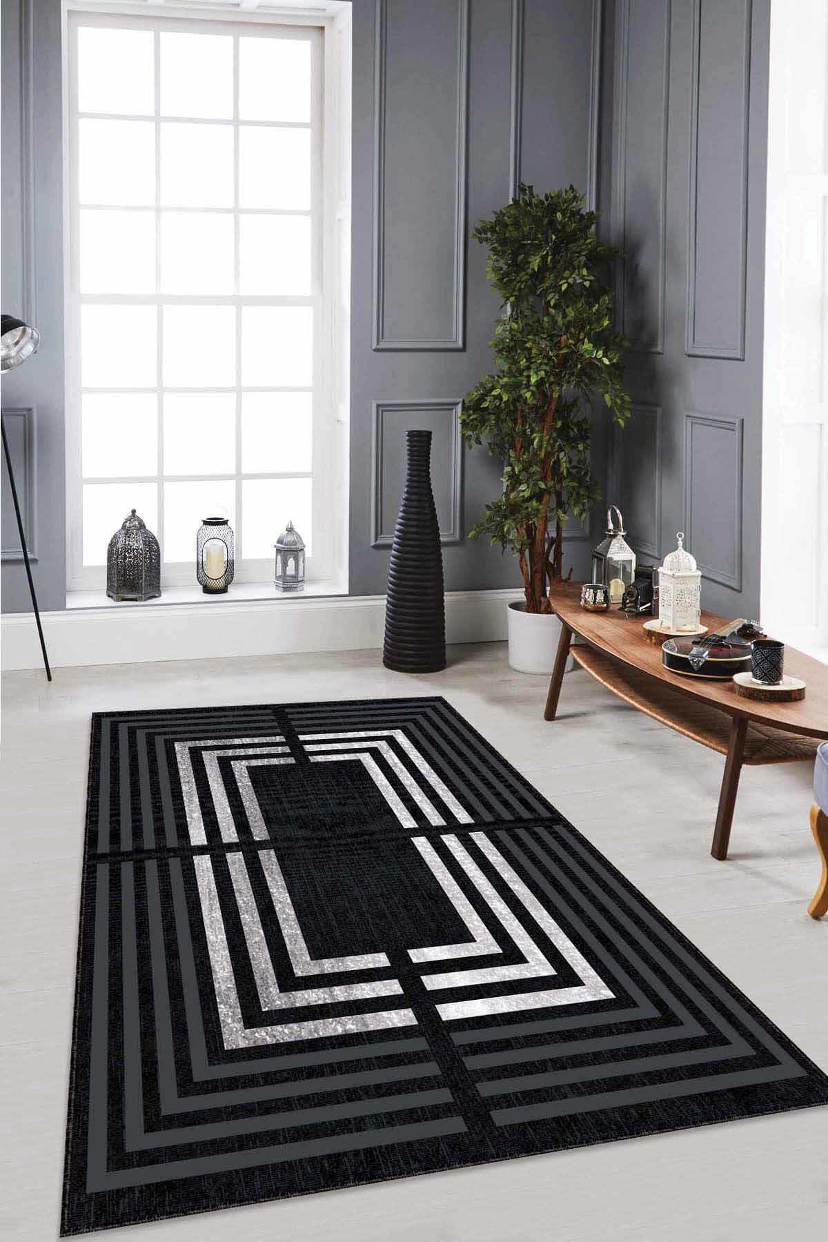 Viva Home RV093 Gri 7 mm Mikropolyester Toz Tutmaz Yıkanabilir İnce Kaymaz Dot Taban Dikdörtgen Makine Dokuma Salon Halısı 80x150 cm