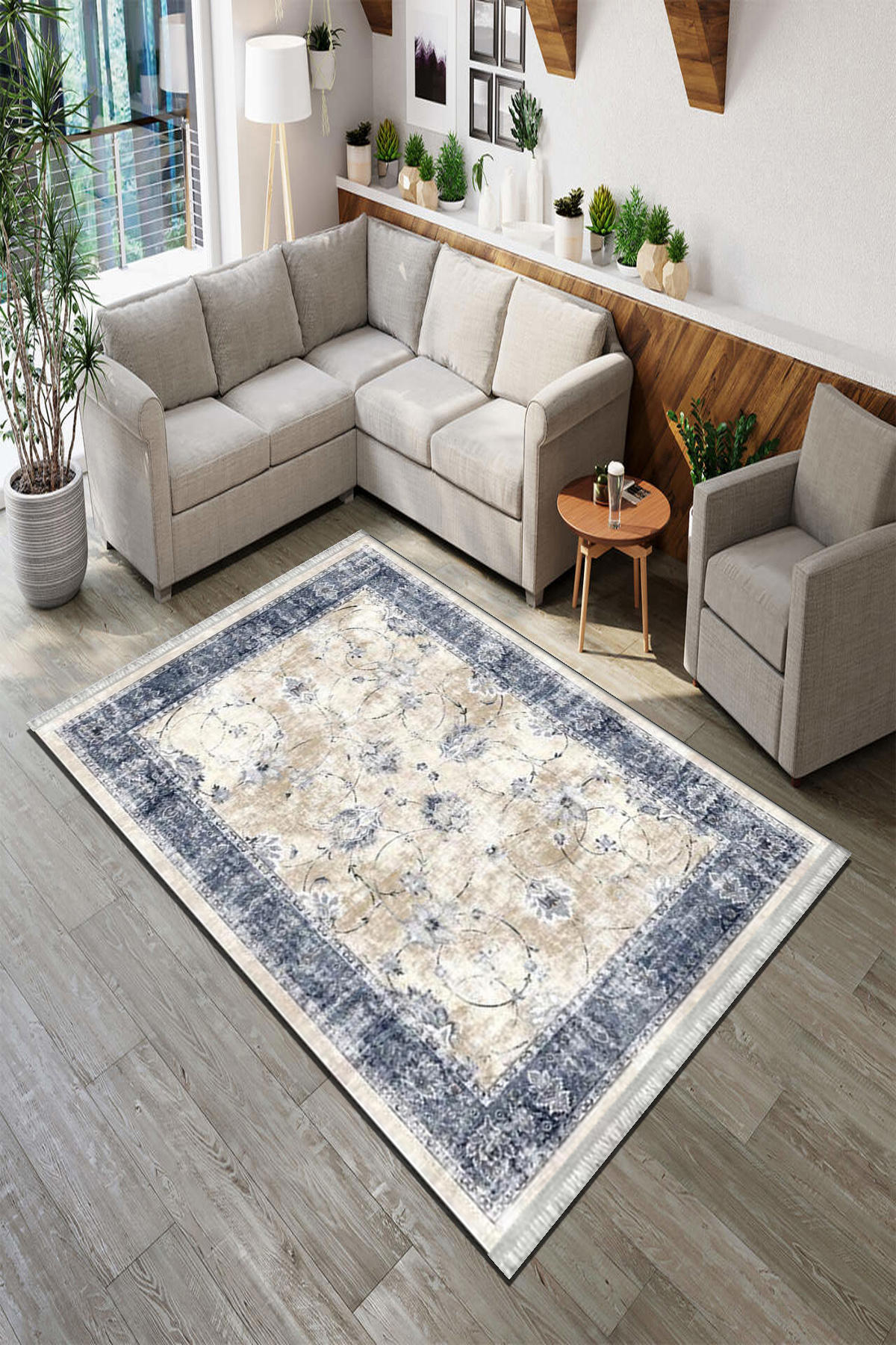 Roslyn Home Mavi 6 mm Polyester Toz Tutmaz Yıkanabilir İnce Kaymaz Dot Taban Çiçek Desenli Dikdörtgen Makine Dokuma Salon Halısı 120x200 cm