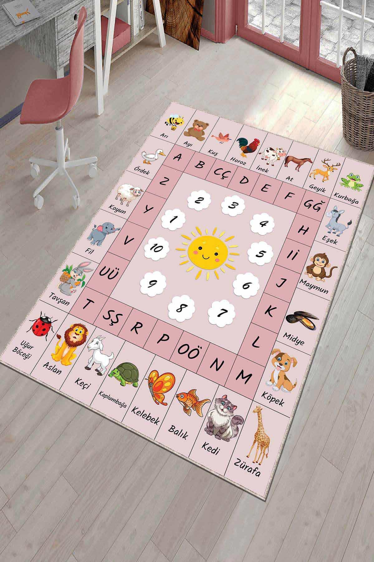 Viva Home AR758 Çok Renkli 7 mm Mikropolyester Antibakteriyel Yıkanabilir İnce Kaymaz Lateks Taban Hayvan Desenli Dikdörtgen Makine Dokuma Çocuk Odası Halısı 160x230 cm