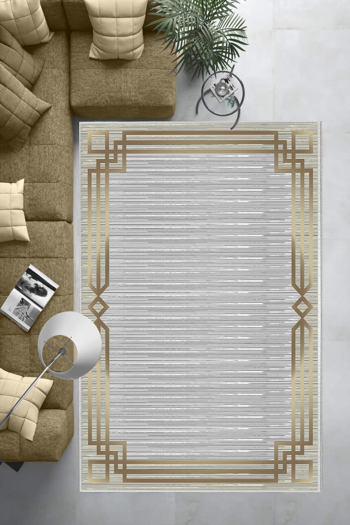 Aldora Altın 0.8 mm Polipropilen Yıkanabilir Orta Kaymaz Deri Taban Dikdörtgen Makine Dokuma Salon Halısı 140x200 cm