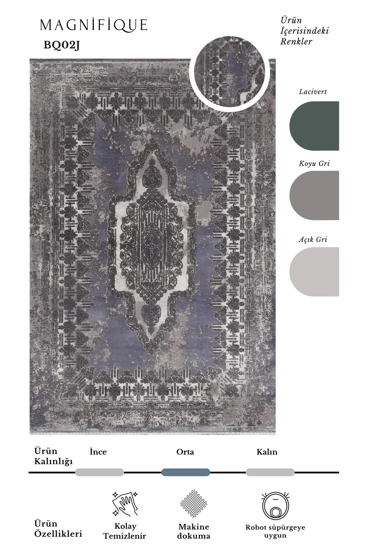 Pierre Cardin Magnifique Gri-Lacivert 6 mm İpek Yumuşak Yıkanabilir İnce Kaymaz Dikdörtgen Makine Dokuma Salon Halısı 160x230 cm