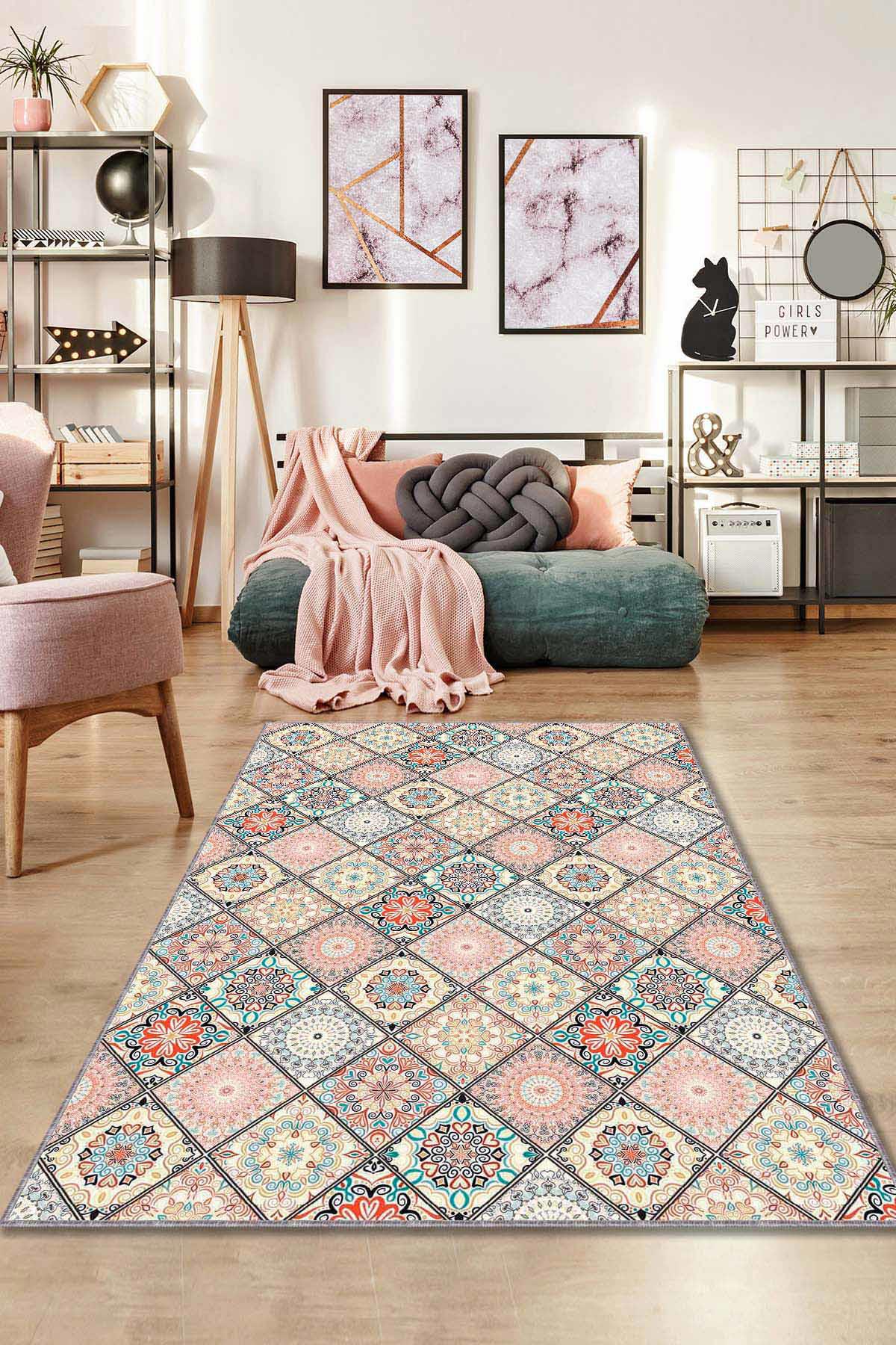 Viva Home AR067 Krem 7 mm Mikropolyester Leke Tutmaz Yıkanabilir Orta Kaymaz Dot Taban Dikdörtgen Makine Dokuma Oturma Odası Halısı 80x350 cm
