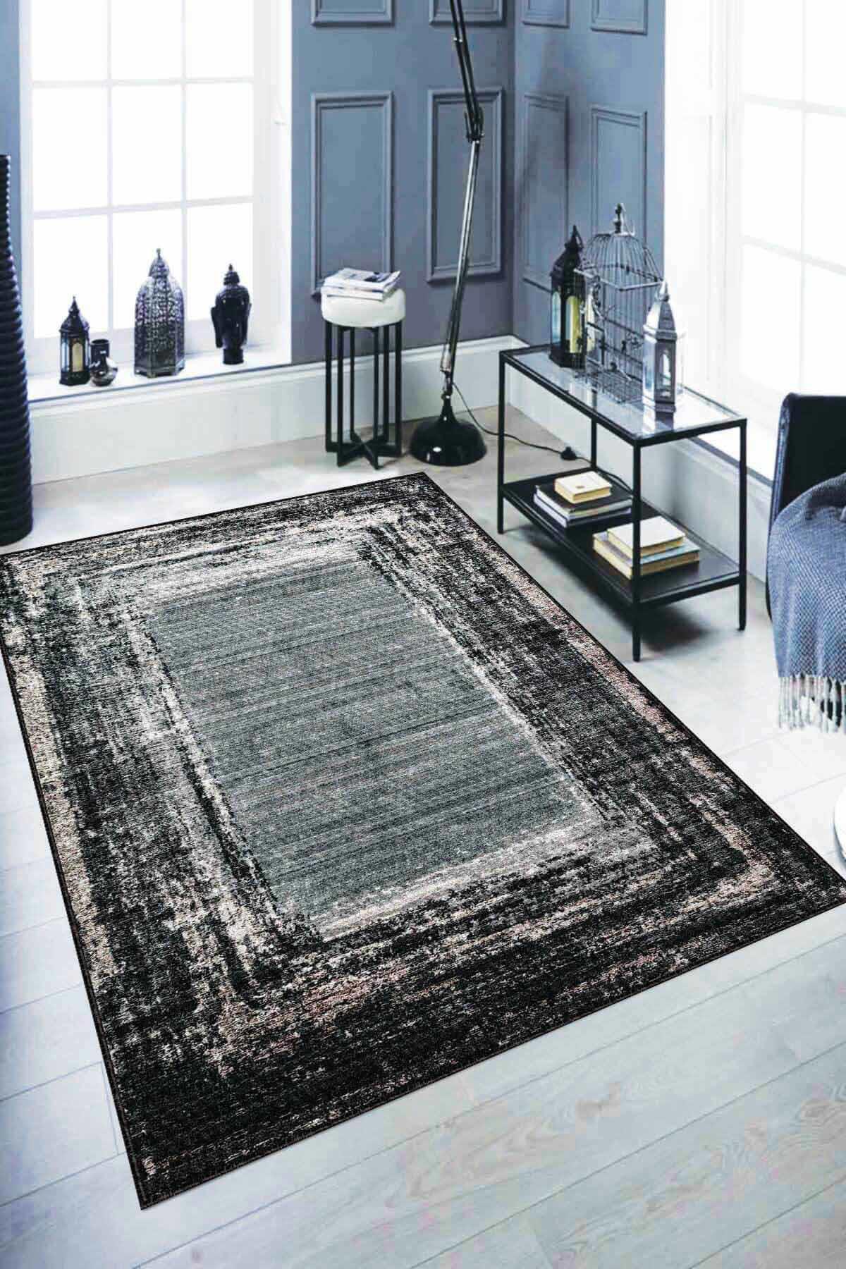 Viva Home AR124 Füme 7 mm Mikropolyester Silinebilir Yıkanabilir Kaymaz Dikdörtgen Makine Dokuma Salon Halısı 100x200 cm