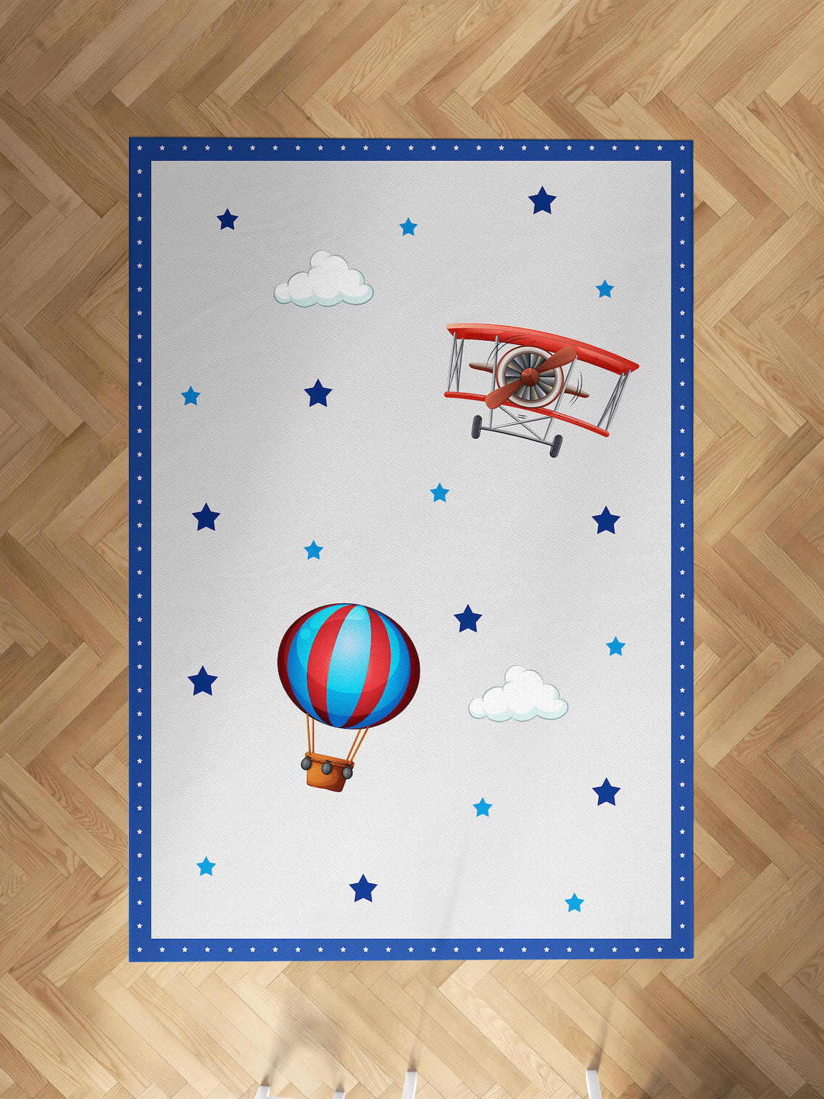 Mekta Home Uçak-Uçan Balon Krem 10 mm Antibakteriyel Yıkanabilir İnce Kaymaz Dot Taban Dikdörtgen Makine Dokuma Çocuk Odası Halısı 60x100 cm