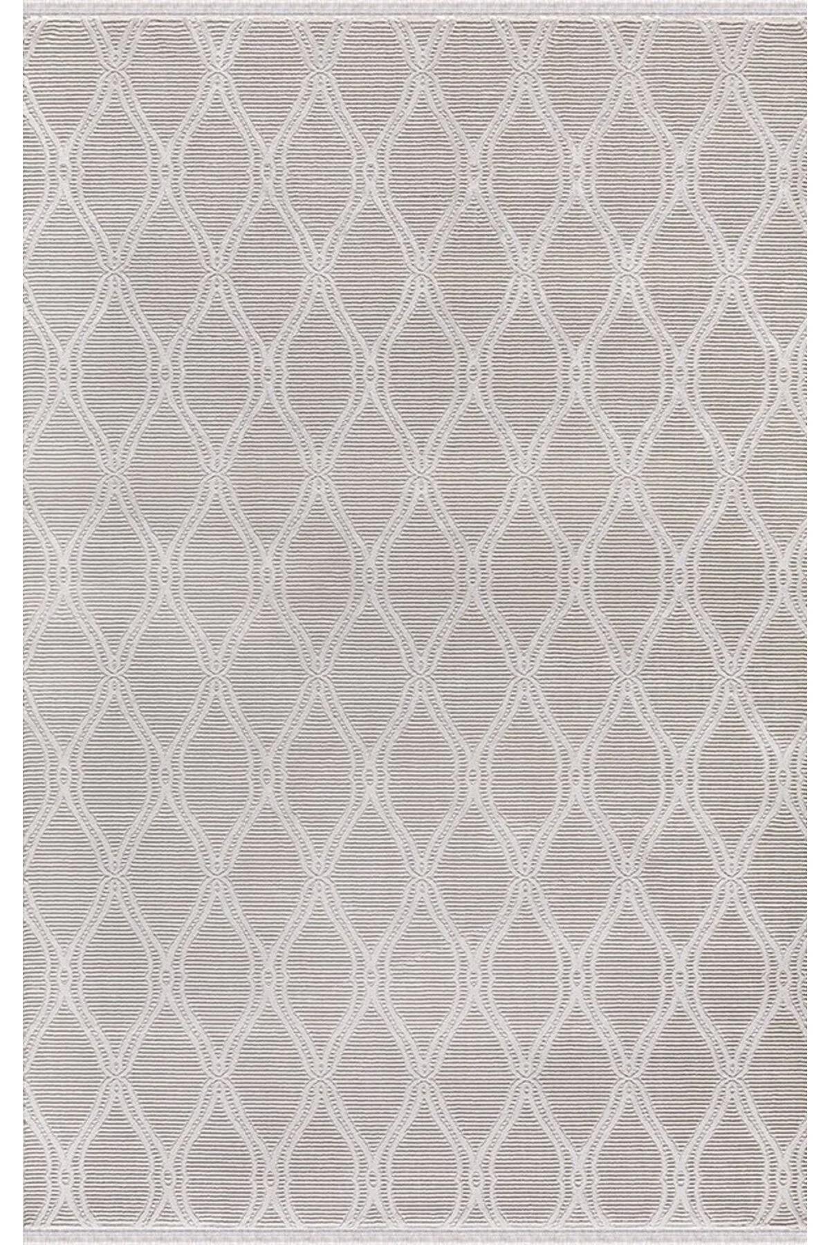 Merinos Recycle 37406 Krem 7 mm Pamuk Toz Tutmaz Yıkanabilir İnce Kaymaz Geometrik Dikdörtgen Makine Dokuma Salon Halısı 160x230 cm