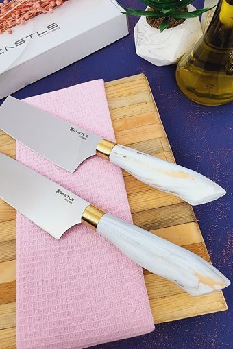 CASTLE KITCHEN Papatya Serisi 2 Li Mutfak Bıçak Seti ( Santaku - Nakiri )