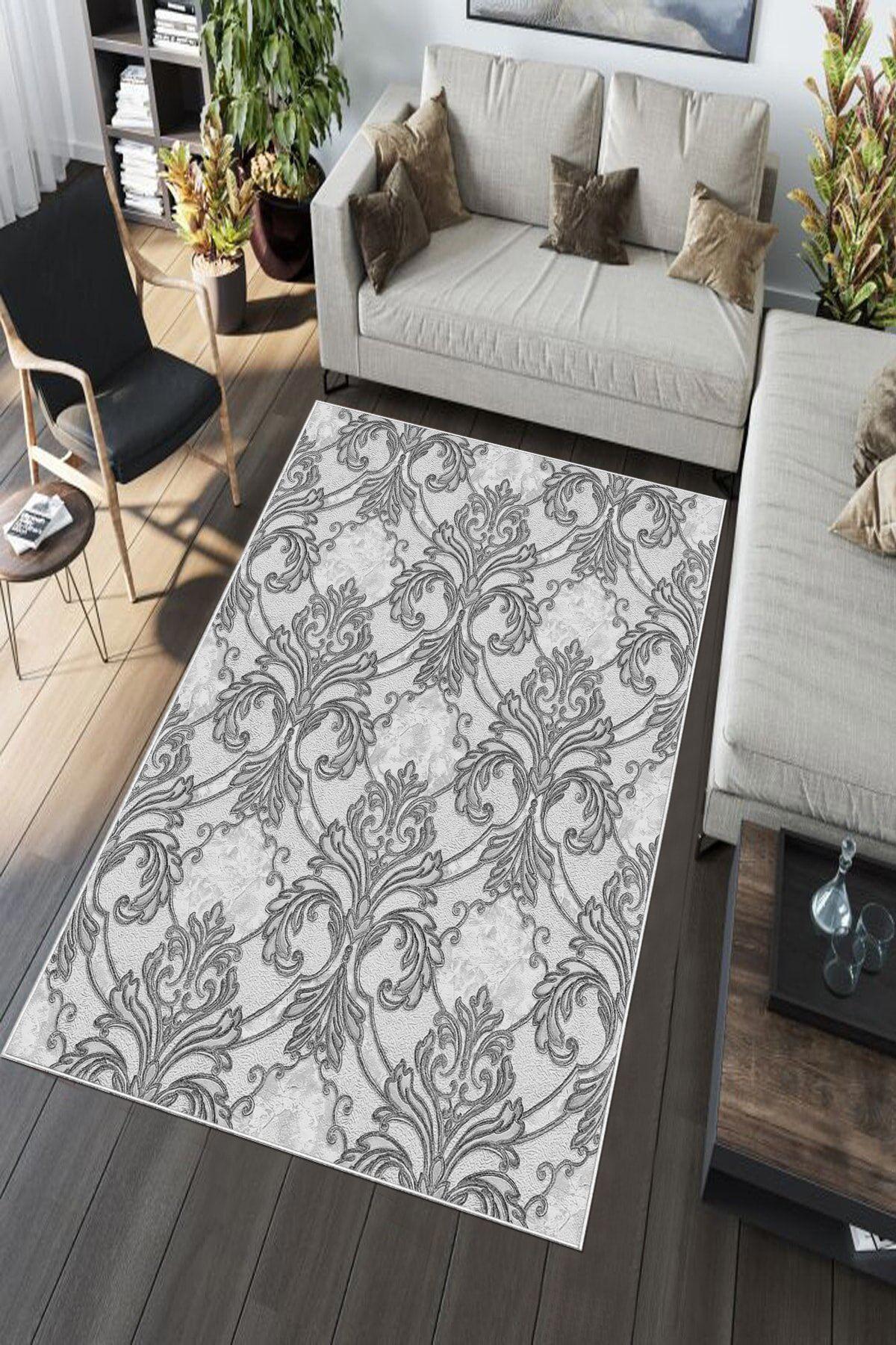 Aldora A142 Gri 9 mm Deri Toz Tutmaz Yıkanabilir İnce Kaymaz Pamuk Taban Dikdörtgen Makine Dokuma Salon Halısı 200x300 cm