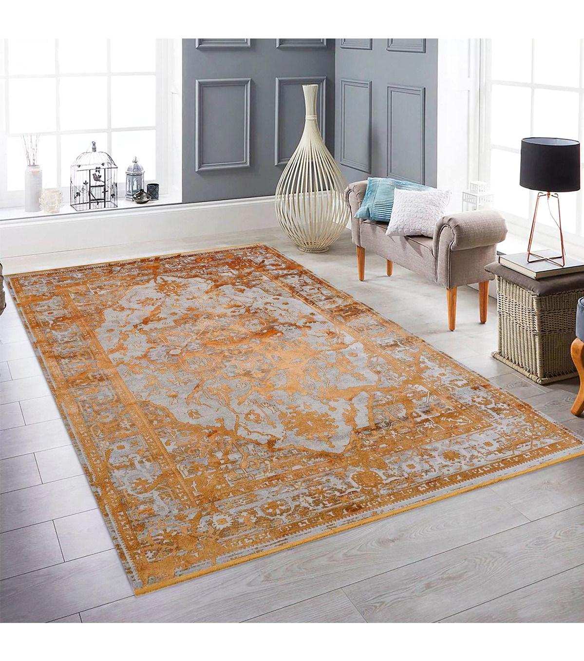 Royal Halı Da Vinci Gri-Turuncu 6 mm İpek Toz Tutmaz Yıkanabilir Kalın Kaymaz Lateks Taban Dikdörtgen Makine Dokuma Salon Halısı 100x300 cm